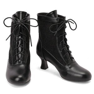 blalck Retro Victorian Ankle Boots for Women - Brocade Lace Detail for Classic & Vintage Occasions