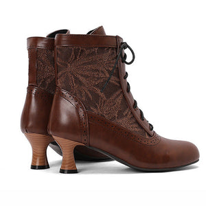 brown Retro Victorian Ankle Boots for Women - Brocade Lace Detail for Classic & Vintage Occasions