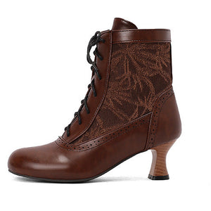 brown Retro Victorian Ankle Boots for Women - Brocade Lace Detail for Classic & Vintage Occasions