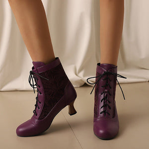 purple Retro Victorian Ankle Boots for Women - Brocade Lace Detail for Classic & Vintage Occasions