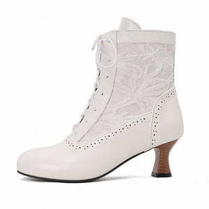 white Retro Victorian Ankle Boots for Women - Brocade Lace Detail for Classic & Vintage Occasions