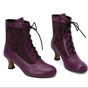 purple Retro Victorian Ankle Boots for Women - Brocade Lace Detail for Classic & Vintage Occasions