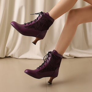 purple Retro Victorian Ankle Boots for Women - Brocade Lace Detail for Classic & Vintage Occasions