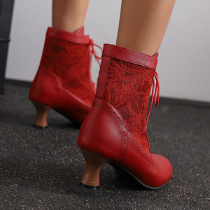 red Retro Victorian Ankle Boots for Women - Brocade Lace Detail for Classic & Vintage Occasions