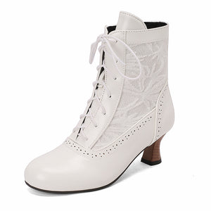 white Retro Victorian Ankle Boots for Women - Brocade Lace Detail for Classic & Vintage Occasions