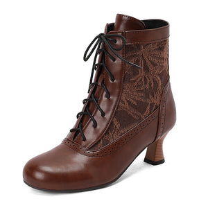 brown Retro Victorian Ankle Boots for Women - Brocade Lace Detail for Classic & Vintage Occasions