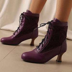 purple Retro Victorian Ankle Boots for Women - Brocade Lace Detail for Classic & Vintage Occasions