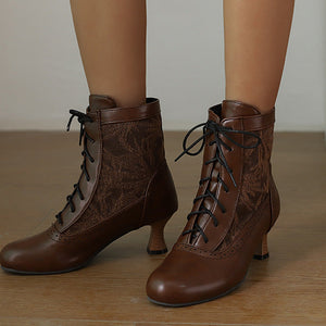 brown Retro Victorian Ankle Boots for Women - Brocade Lace Detail for Classic & Vintage Occasions