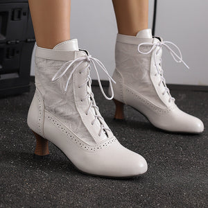 white Retro Victorian Ankle Boots for Women - Brocade Lace Detail for Classic & Vintage Occasions