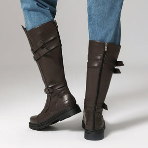 brown Classic Riding Boots for Women – Faux Leather Buckle Straps for Vintage-Inspired Cosplay