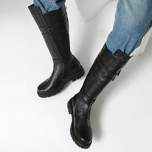 black Classic Riding Boots for Women – Faux Leather Buckle Straps for Vintage-Inspired Cosplay