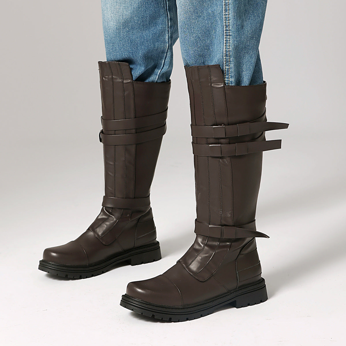 Classic Riding Boots for Women – Faux Leather Buckle Straps for Vintage-Inspired Cosplay