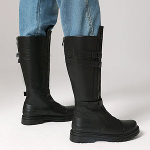 black Classic Riding Boots for Women – Faux Leather Buckle Straps for Vintage-Inspired Cosplay