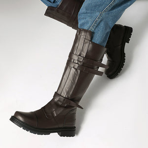 brown Classic Riding Boots for Women – Faux Leather Buckle Straps for Vintage-Inspired Cosplay