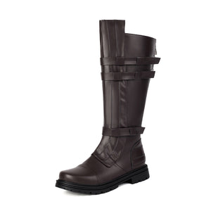 brown Classic Riding Boots for Women – Faux Leather Buckle Straps for Vintage-Inspired Cosplay