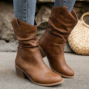 Vintage-Inspired Slouchy Mid-Calf Boots for Women – Pull-On Detail for Casual Outings