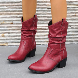 Vintage-Inspired Slouchy Mid-Calf Boots for Women – Pull-On Detail for Casual Outings