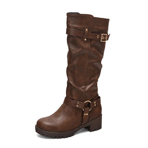brown Women's faux leather ruched knee high motorcycle boots