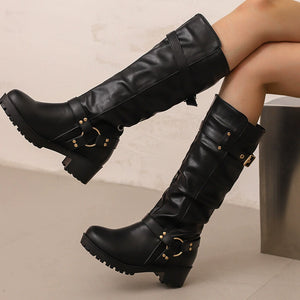 Women's faux leather ruched knee high motorcycle boots