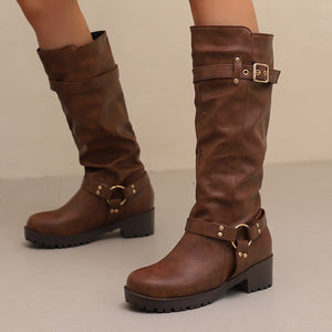 Women's faux leather ruched knee high motorcycle boots