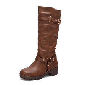 Women's faux leather ruched knee high motorcycle boots