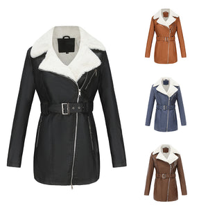 Women's faux shearing mid-long coat with waist belt