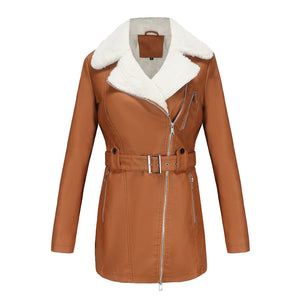 Women's faux shearing mid-long coat with waist belt