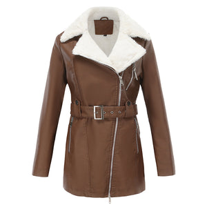 Women's faux shearing mid-long coat with waist belt