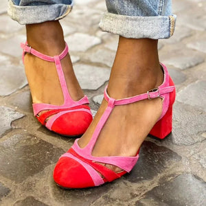 Women's faux suede T-strap block heels pumps