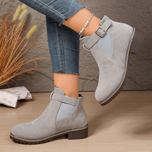 gray Classic Chelsea Ankle Boots for Women - Vintage Buckle Detail for Everyday Wear
