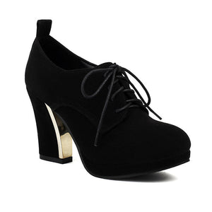 black Women's faux suede chunky heels lace-up pumps for daily/office outfits