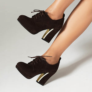 dark brown Women's faux suede chunky heels lace-up pumps for daily/office outfits
