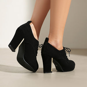 black Women's faux suede chunky heels lace-up pumps for daily/office outfits