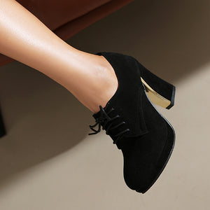 black Women's faux suede chunky heels lace-up pumps for daily/office outfits
