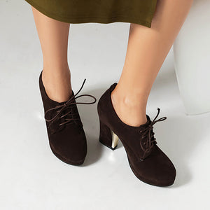 dark brown Women's faux suede chunky heels lace-up pumps for daily/office outfits