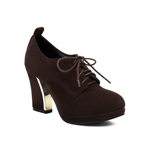 dark brown Women's faux suede chunky heels lace-up pumps for daily/office outfits