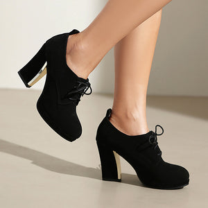 black Women's faux suede chunky heels lace-up pumps for daily/office outfits