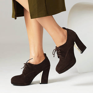 Women's faux suede chunky heels lace-up pumps for daily/office outfits