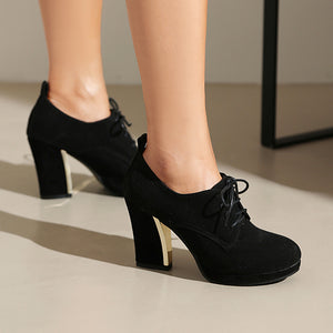 black Women's faux suede chunky heels lace-up pumps for daily/office outfits