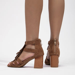 brown Women's faux suede chunky heels tassles sandals with back zipper