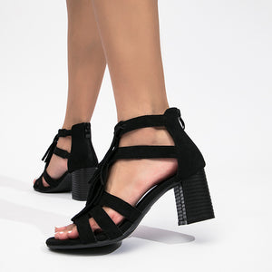 black Women's faux suede chunky heels tassles sandals with back zipper