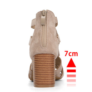 apricot Women's faux suede chunky heels tassles sandals with back zipper