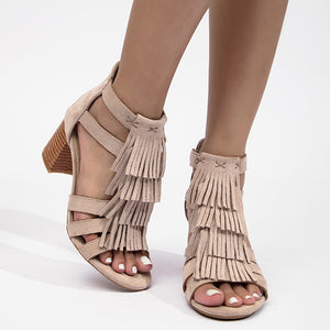 Women's faux suede chunky heels tassles sandals with back zipper