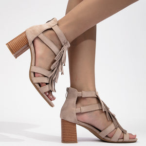 Women's faux suede chunky heels tassles sandals with back zipper