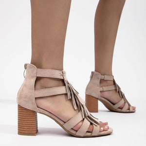 apricot Women's faux suede chunky heels tassles sandals with back zipper