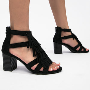 Women's faux suede chunky heels tassles sandals with back zipper