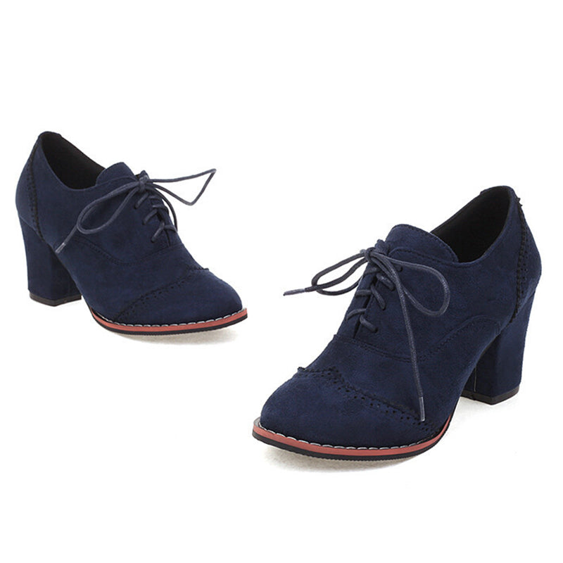 blue Women's faux suede chunky heels wingtips brogue shoes