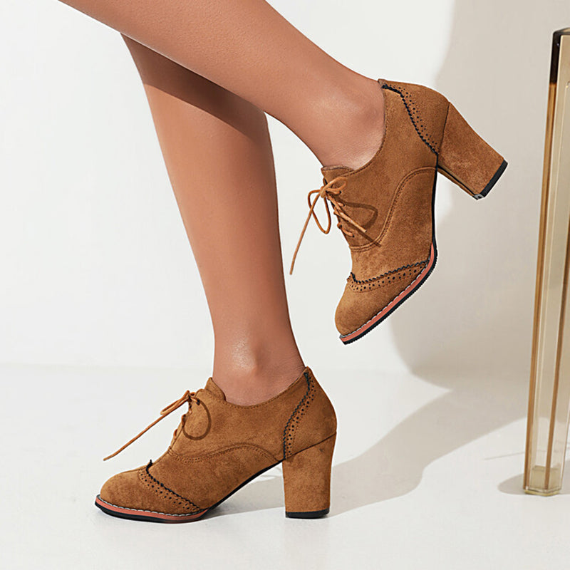 brown Women's faux suede chunky heels wingtips brogue shoes