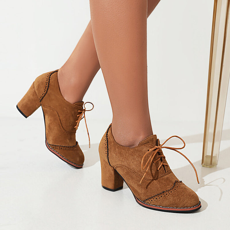 brown Women's faux suede chunky heels wingtips brogue shoes