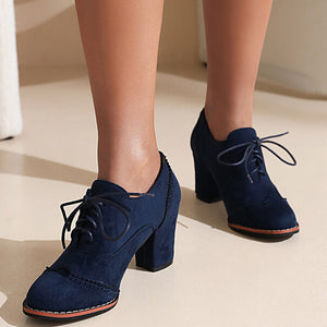 Women's faux suede chunky heels wingtips brogue shoes